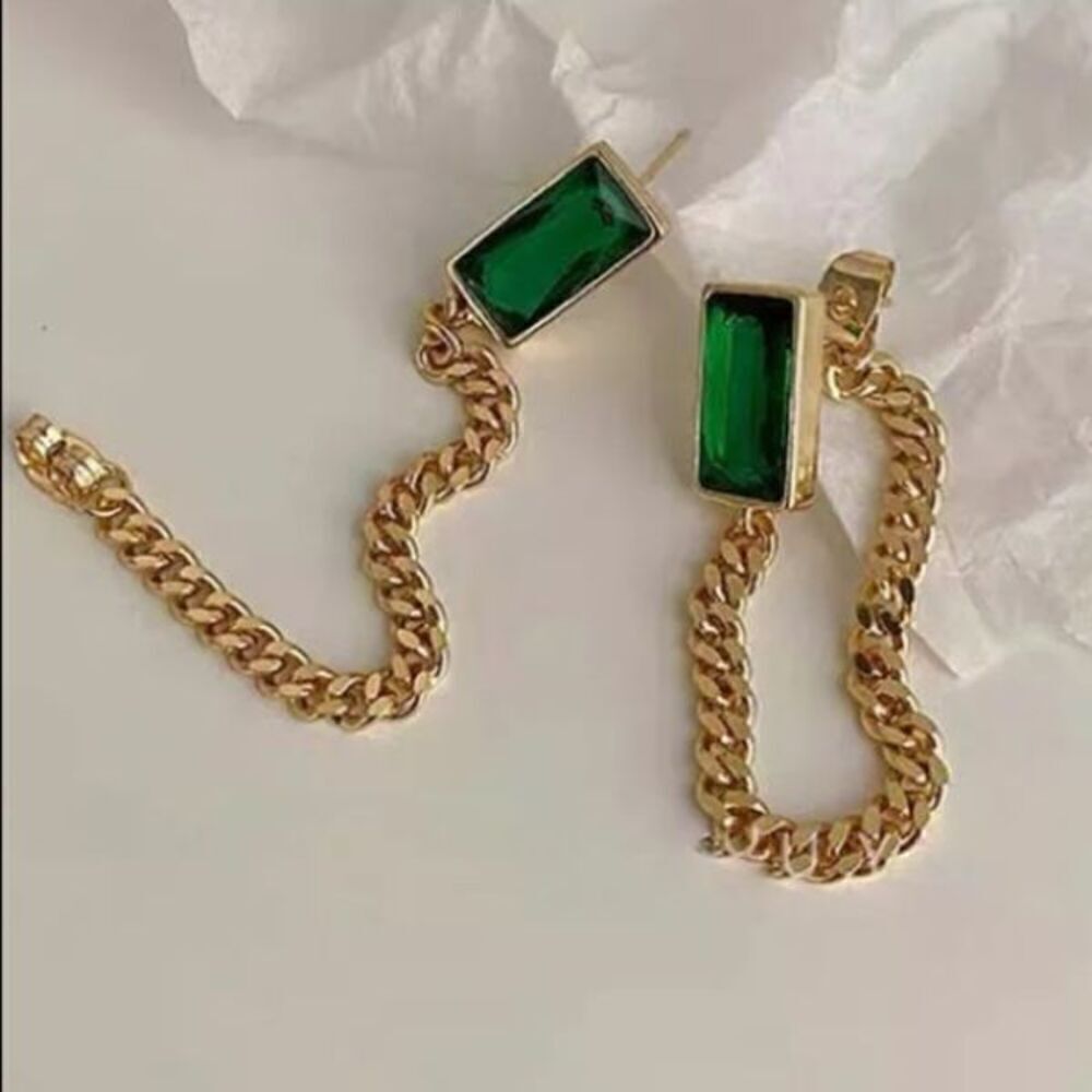 The Champion Square Emerald Crystal Gold Chain Dangle drop Earrings